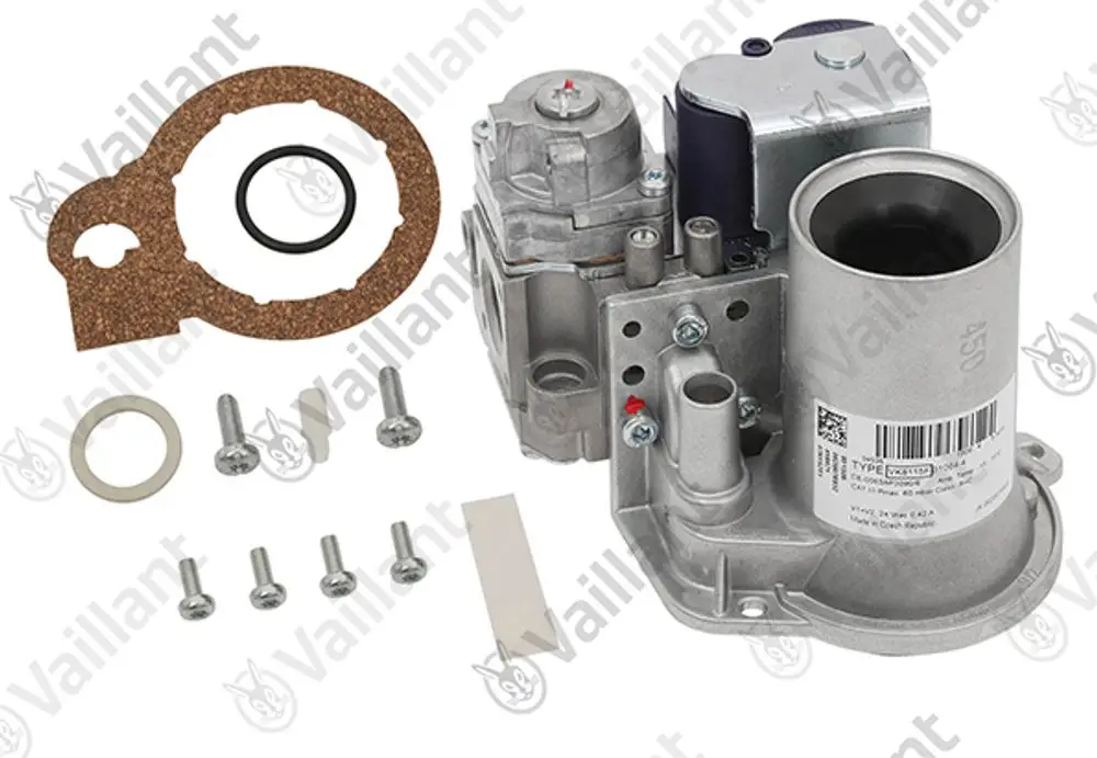 Vaillant Gasarmatur mit Zubehörteilen wie Dichtungen, Schrauben und einem Komponentenblock zur Installation oder Reparatur eines Heizsystems.